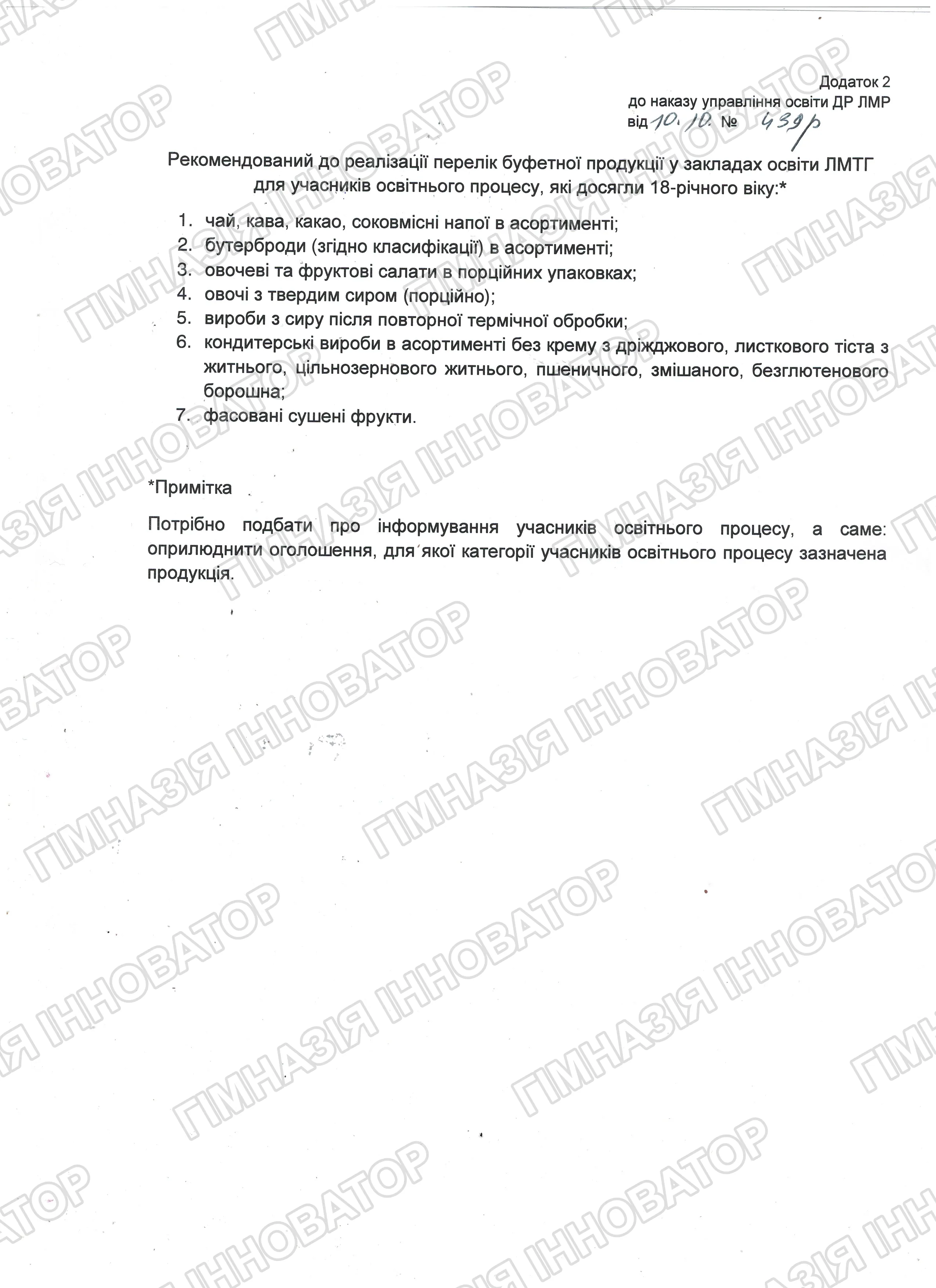 Рекомендований до реалізації перелік буфетної продукції